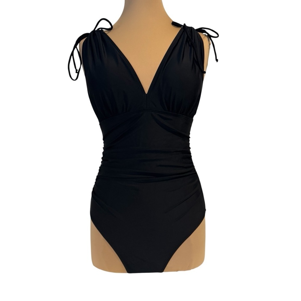 B2Prity Black one piece white strap shirted swimsuit size M New